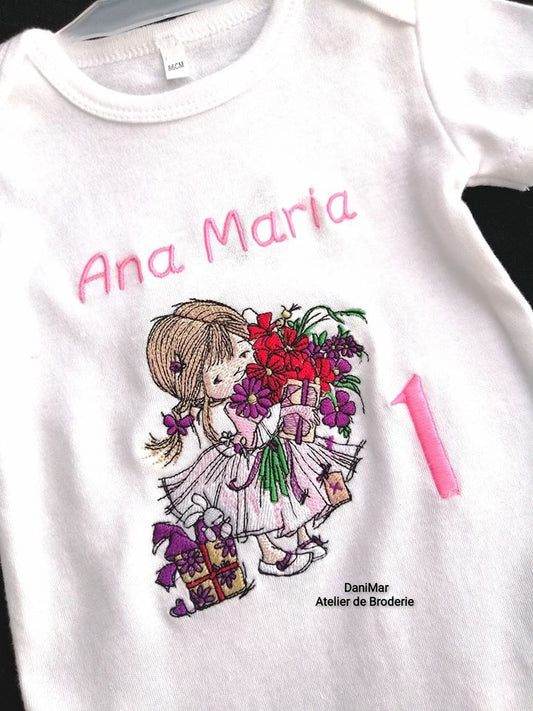Body aniversar personalizat prin broderie - Fetita cu flori - DaniMar