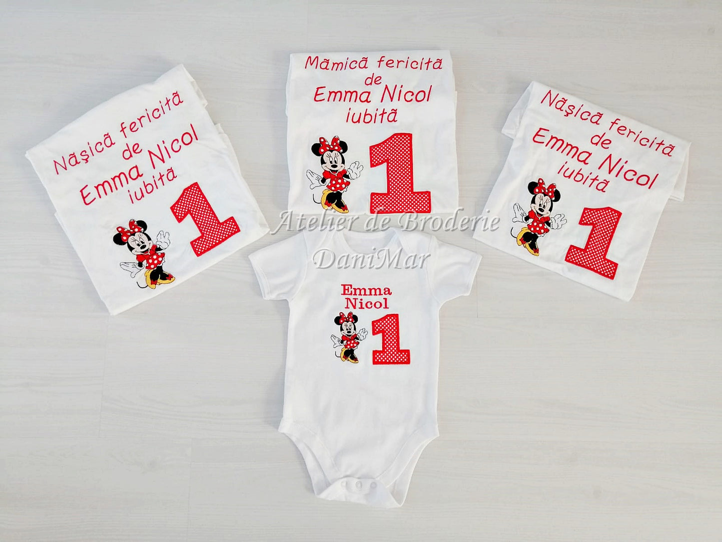 Set tricouri aniversare 1 an personalizate prin broderie - Minnie Mouse - DaniMar
