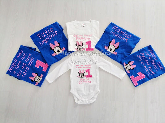 Set tricouri aniversare 1 an personalizate prin broderie - tematica Minnie Mouse - DaniMar