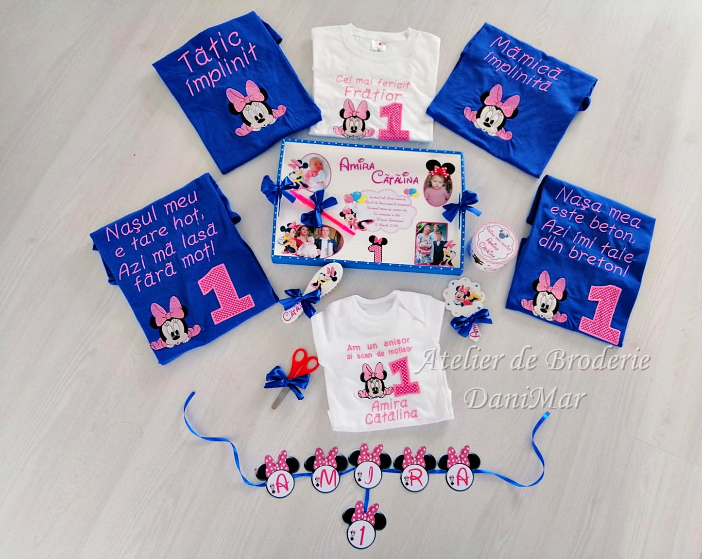 Set tricouri aniversare 1 an personalizate prin broderie - tematica Minnie Mouse - DaniMar