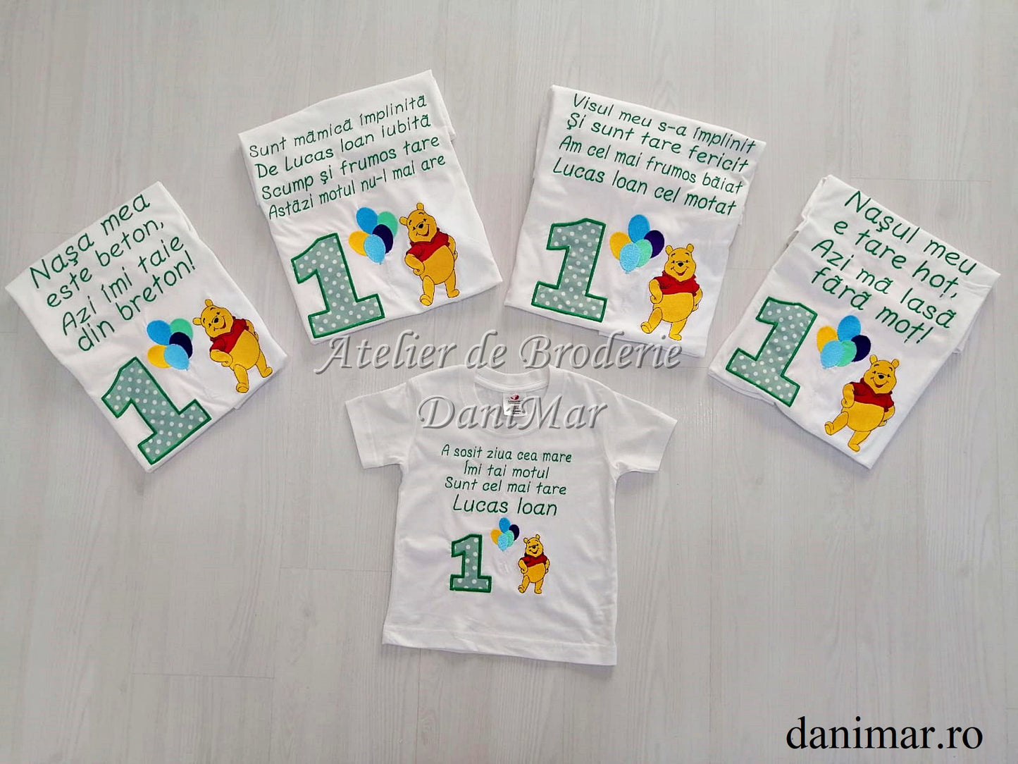 Set tricouri aniversare 1 an personalizate prin broderie - tematica Winnie the Pooh - DaniMar