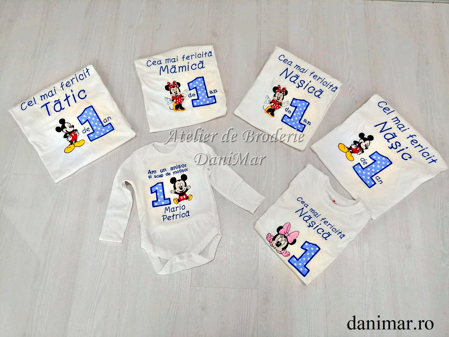 Set tricouri aniversare 1 an personalizate prin broderie - tematica Mickey Mouse - DaniMar