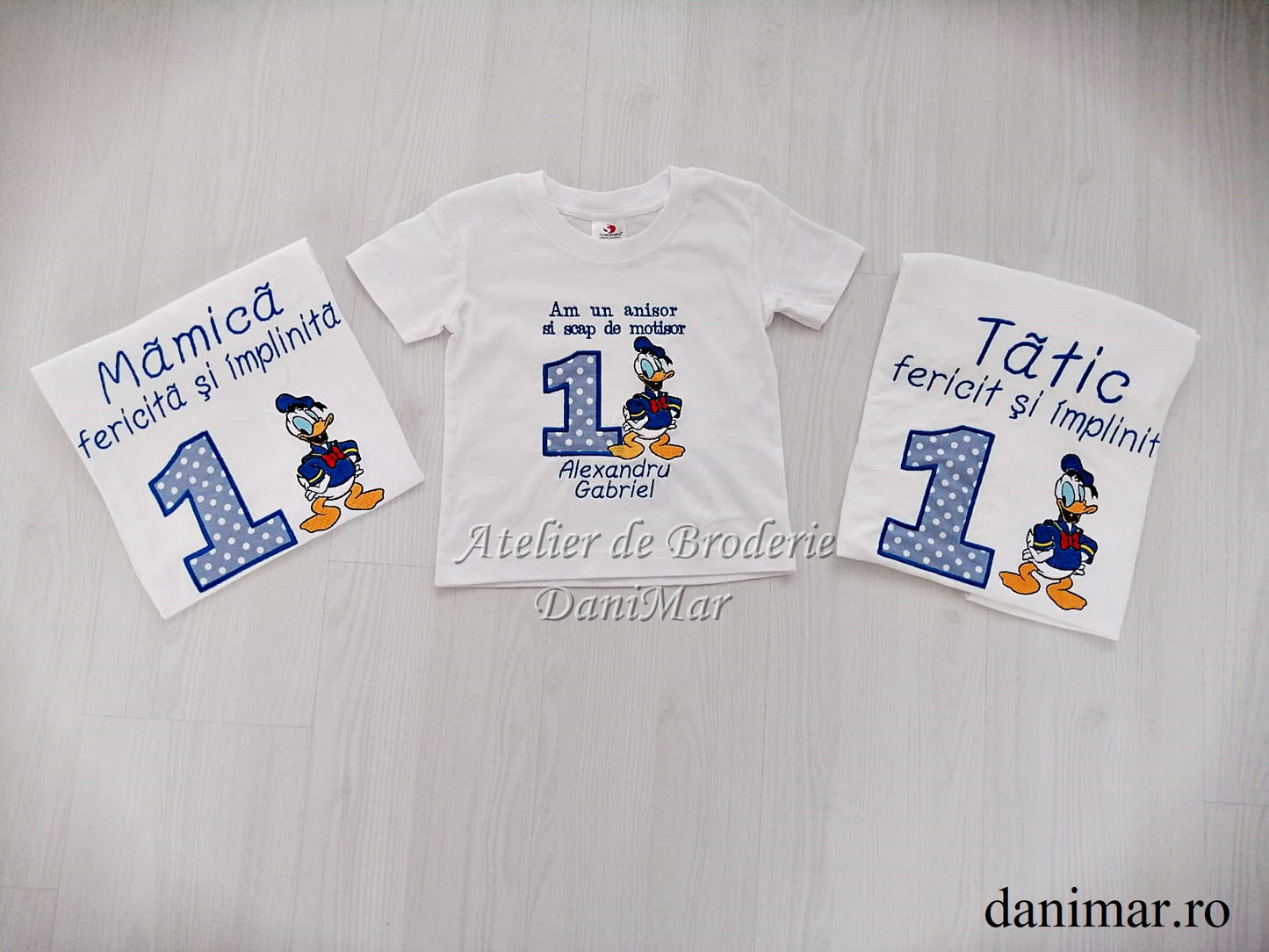 Set tricouri aniversare 1 an personalizate prin broderie - tematica Donald Duck - DaniMar