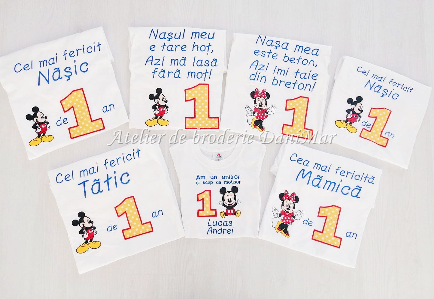 Set tricouri aniversare 1 an personalizate prin broderie - tematica Mickey Mouse - DaniMar