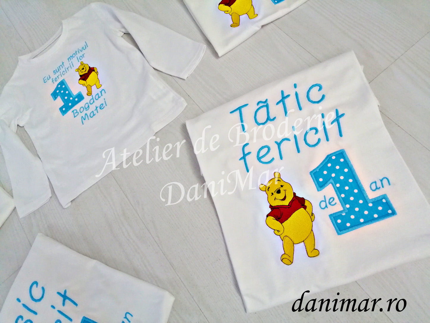 Set tricouri aniversare 1 an personalizate prin broderie - tematica Winnie the Pooh 02