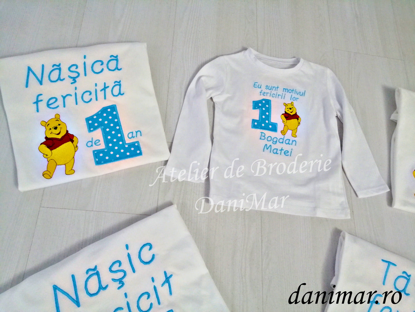 Set tricouri aniversare 1 an personalizate prin broderie - tematica Winnie the Pooh 02