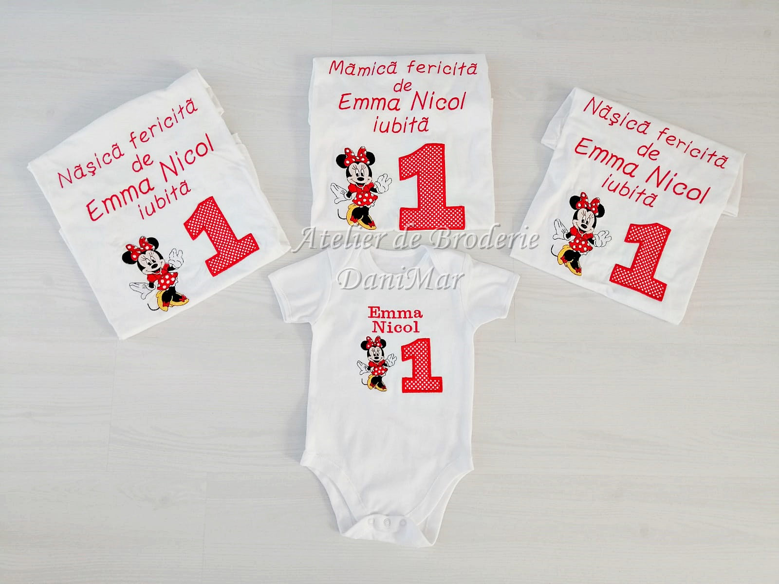 Set tricouri aniversare 1 an personalizate prin broderie - Minnie Mouse - DaniMar 