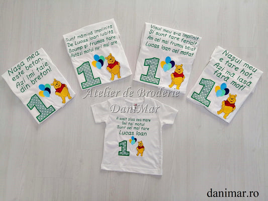Set tricouri aniversare 1 an personalizate prin broderie - tematica Winnie the Pooh - DaniMar 