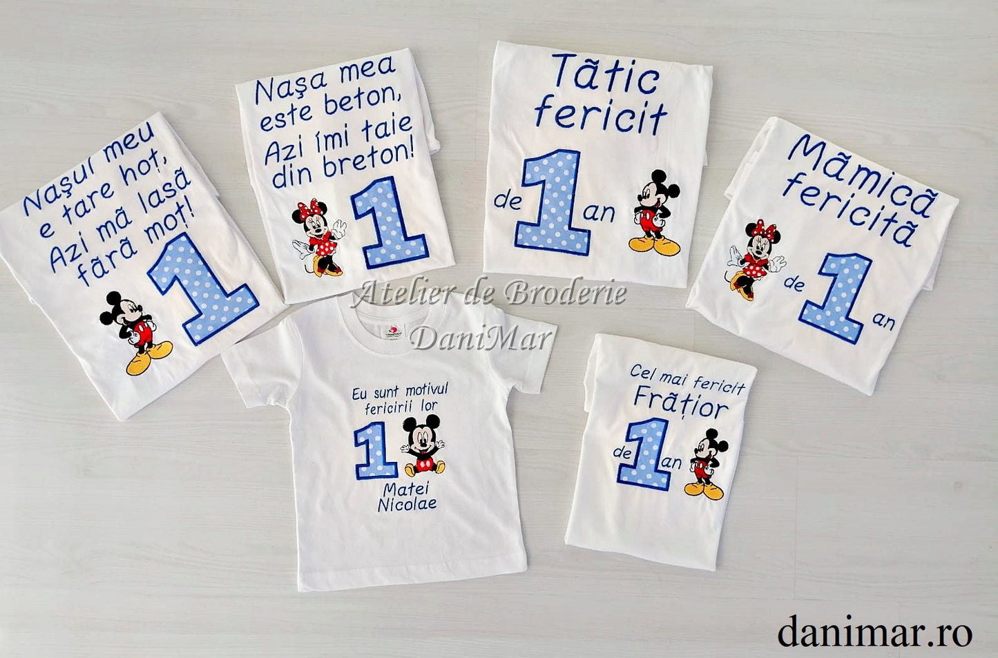 Set tricouri aniversare 1 an personalizate prin broderie - tematica Mickey Mouse 02