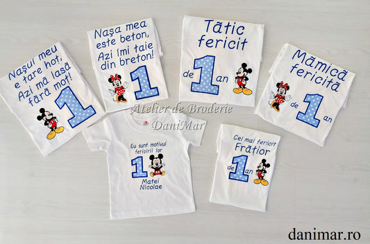 Set tricouri aniversare 1 an personalizate prin broderie - tematica Mickey Mouse 02 - DaniMar 