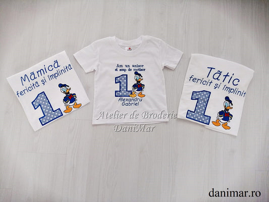 Set tricouri aniversare 1 an personalizate prin broderie - tematica Donald Duck - DaniMar 