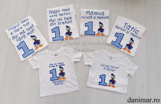 Set tricouri aniversare 1 an personalizate prin broderie, cu tematica Donald Duck - DaniMar 