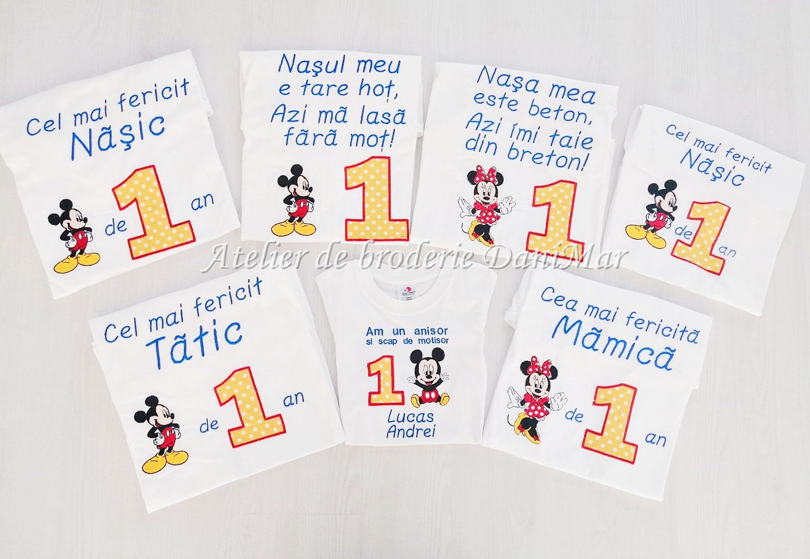 Set tricouri aniversare 1 an personalizate prin broderie - tematica Mickey Mouse - DaniMar 