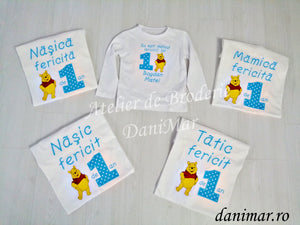 Set tricouri aniversare 1 an personalizate prin broderie - tematica Winnie the Pooh 02